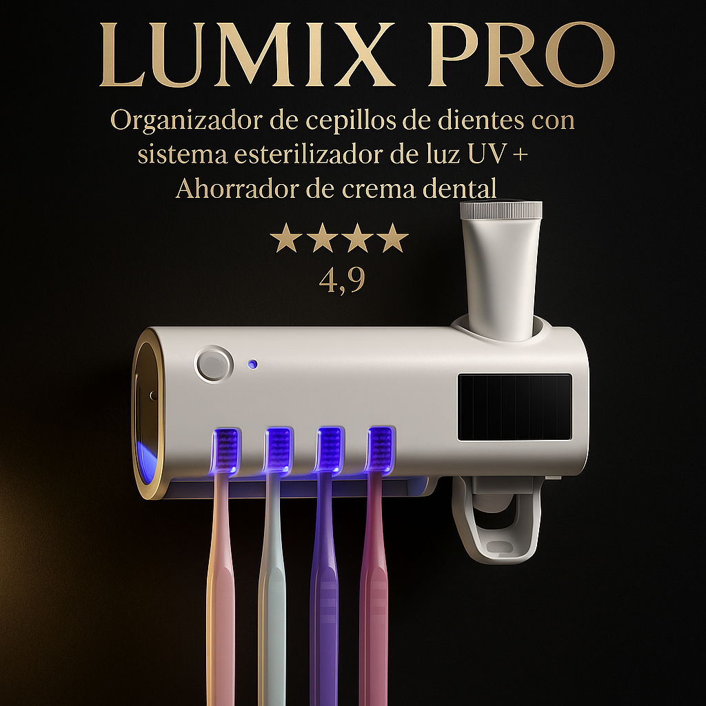LUMIX PRO® organizador de cepillos dentales con sistema esterilizador de luz UV + ahorrador de crema dental